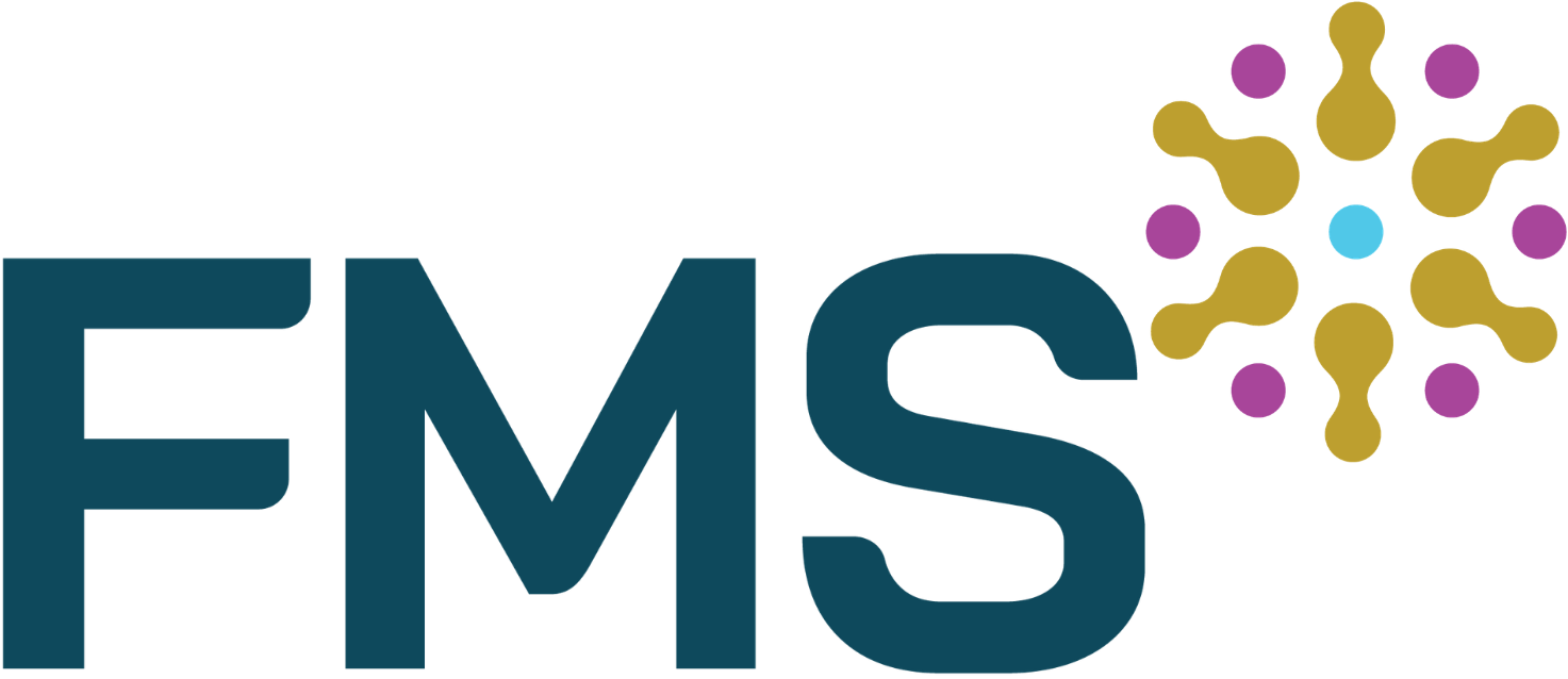 The image shows "FMS Solutions" in bold, dark teal font. To the right, a circular abstract design features gold shapes radiating from a blue center, each interspersed with small purple dots.