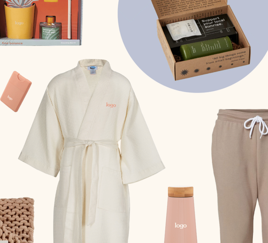 A collage of cozy wellness items—like a white waffle robe, tan jogger pants, a reusable water bottle, and more—makes for Brilliant Gifts, all featuring a minimalist logo for the perfect blend of comfort and style.