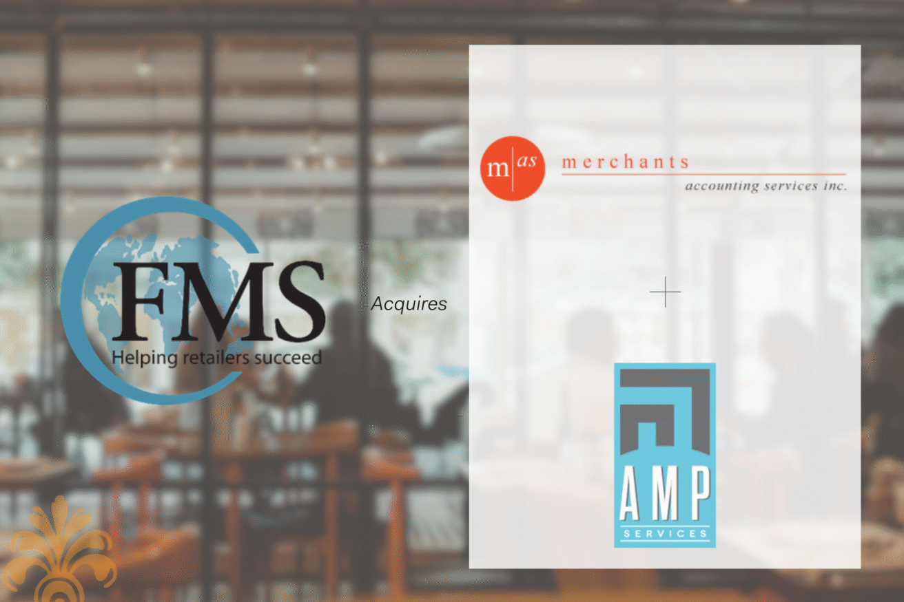 A graphic showing FMS Solutions with the tagline "Helping retailers succeed" on the left, with "Acquires" pointing to the logos of Merchants Accounting Services and AMP Services on the right, set against a blurred cafe or restaurant background.