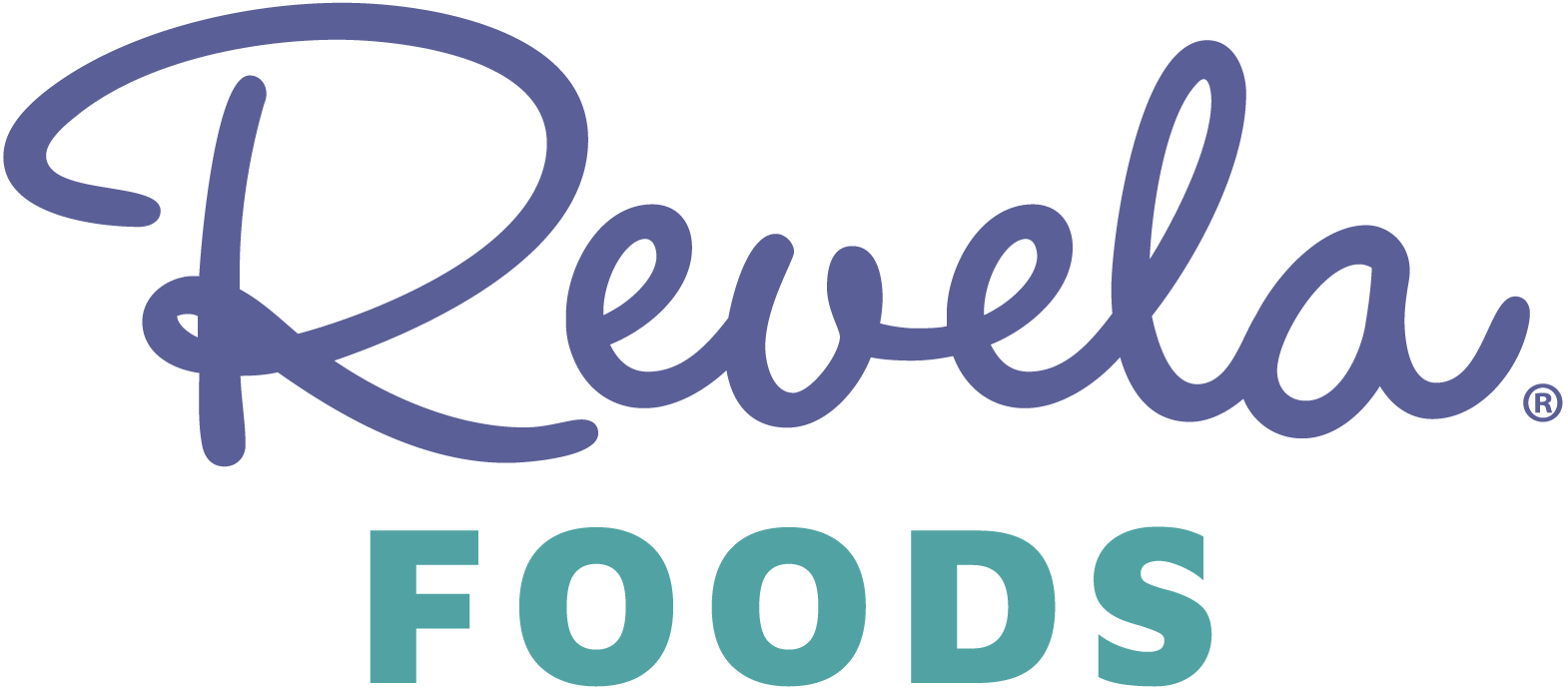 The image showcases the Revela Foods logo, with "Revela" in purple cursive lettering above "FOODS" in bold, uppercase teal letters on a white background.
