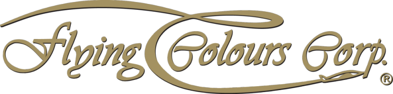 Logo for Flying Colours featuring the company name in elegant, cursive gold lettering with decorative swirls above and below the words on a white background.