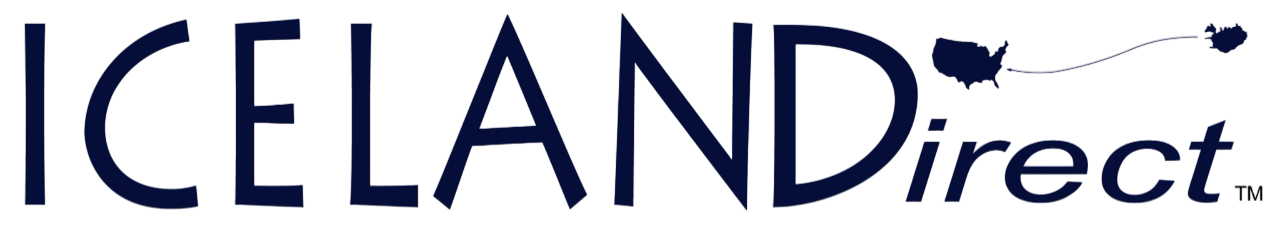 Logo with the text "Icelandirect." Above the "rect," silhouettes of the United States and Iceland are connected by a curved line, highlighting Icelandirect’s link between both countries.