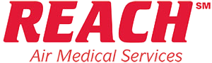 Logo for Reach Air with “REACH” in large red letters above “Air Medical Services” in smaller red text on a light background, representing professional air medical transport.