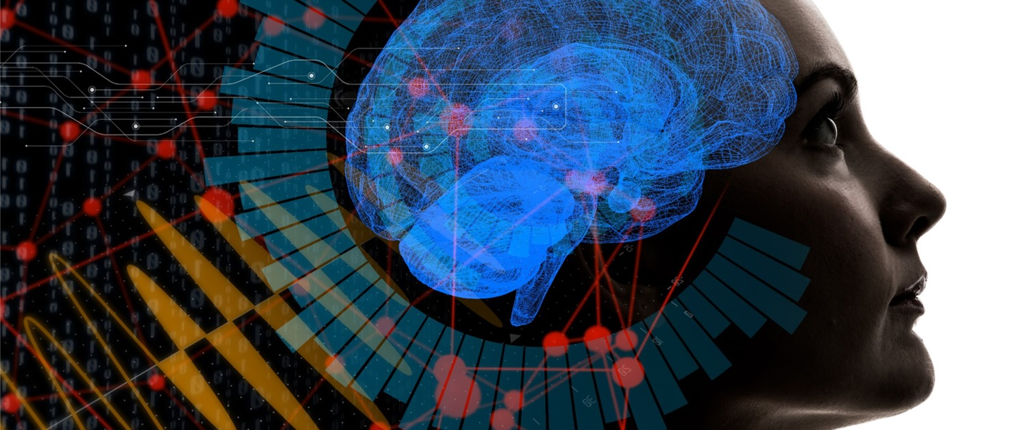 A silhouette of a person's head with a digital blue brain overlay, surrounded by abstract data graphics, red lines, and circular elements, symbolizing artificial intelligence and human-computer interaction.