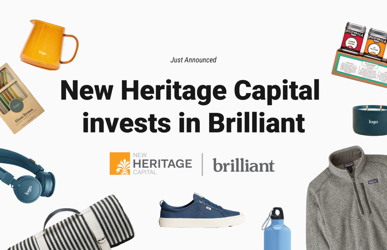 A graphic announces "New Heritage Capital forms partnership with Brilliant" featuring both company logos. Surrounding the text are various lifestyle products like shoes, headphones, mugs, a jacket, and packaged coffee.