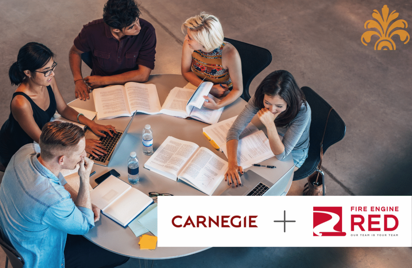 Five students sit around a round table with books, notebooks, and laptops, studying together. Logos for Carnegie and Fire Engine RED appear at the bottom right, alongside a gold Student Search Service emblem in the upper right corner.