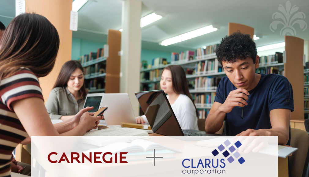 Four students study together at a library table with laptops and books. In the foreground, a banner displays the Carnegie and CLARUS Corporation logos side by side, highlighting their partnership in community college marketing.