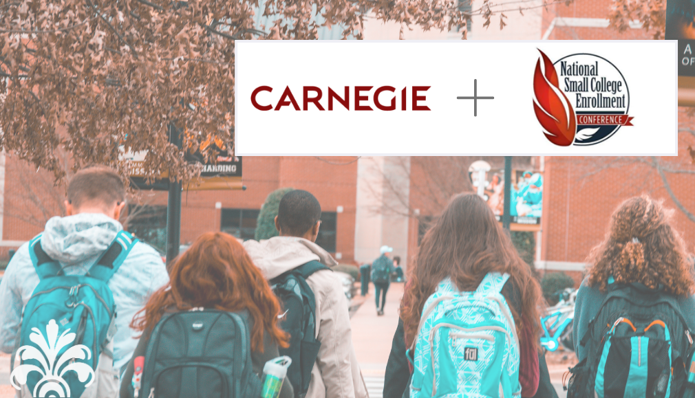 A group of students with backpacks walk on a campus. Above them is a white banner featuring the Carnegie logo, a plus sign, and the National Small College Enrollment Conference logo, highlighting the Small College Initiative.