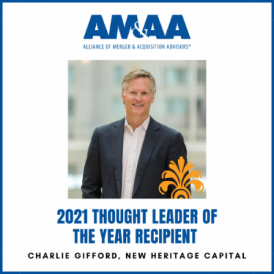 A smiling Charlie Gifford, AM&AA Thought Leader of the Year, stands in front of a blurred indoor background. Text above reads "AM&AA 2021 Thought Leader of the Year Recipient." Below: "Charlie Gifford, New Heritage Capital.