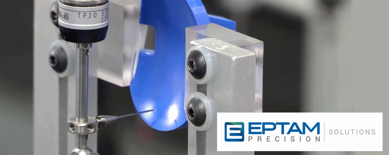 A close-up of precision measurement equipment inspecting a blue component, with the EPTAM Precision Solutions logo displayed in the foreground, highlighting their expertise in Micro Molding.