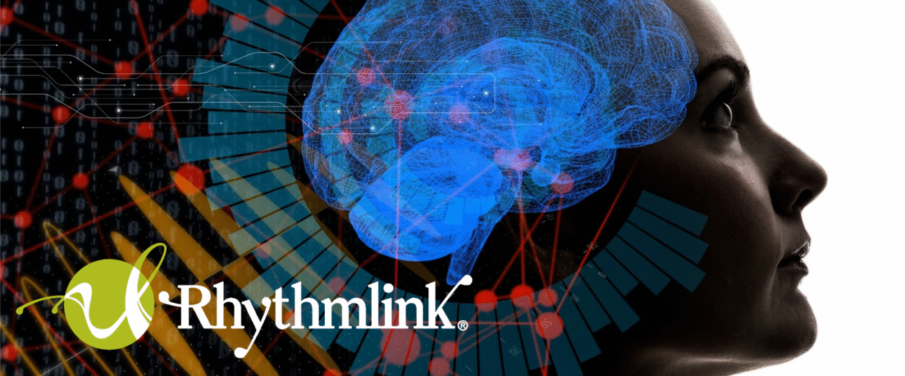 Side profile of a woman's face in shadow, with a bright blue digital brain illustration over her head. Abstract red, yellow, and blue data visualizations surround her. The Rhythmlink logo, highlighting New Heritage Capital's investment, appears in the lower left corner.
