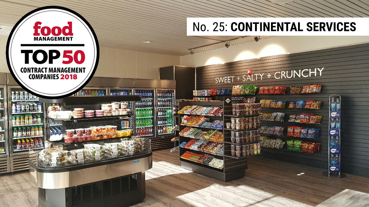 A modern convenience store with snacks, fresh food, and drinks under a “SWEET + SALTY + CRUNCHY” sign. A graphic highlights Continental Services’ spot in the Food Management Top 50 annual report for 2018 at No. 25.