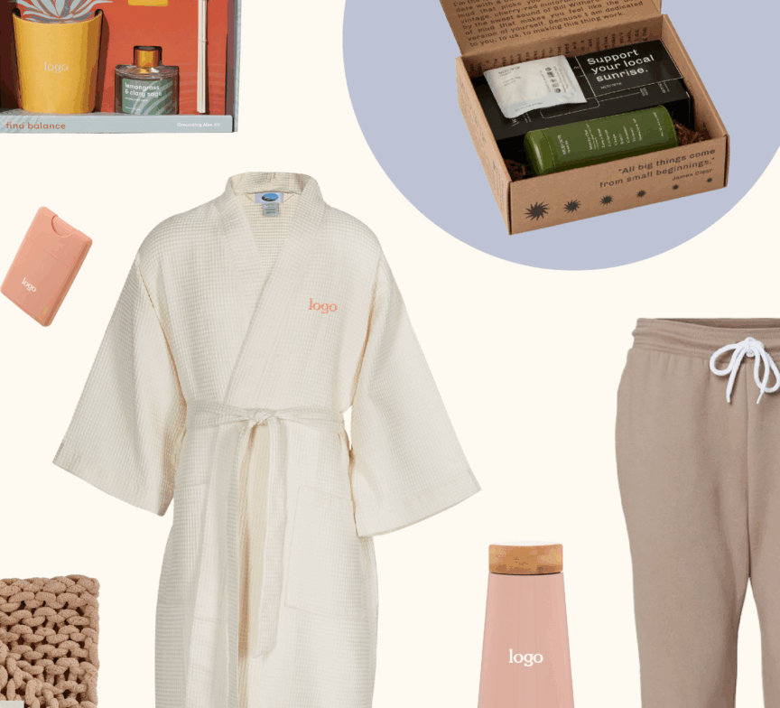 A collage of cozy wellness items—like a white waffle robe, tan jogger pants, a reusable water bottle, and more—makes for Brilliant Gifts, all featuring a minimalist logo for the perfect blend of comfort and style.