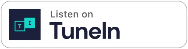 A rectangular badge with the TuneIn logo and text "Listen on TuneIn" in dark and teal colors on a white background, perfect for streaming your favorite Podcast Episodes.