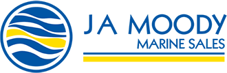 Logo for JA Moody Marine Sales featuring a circular wave design in blue, white, and yellow on the left, and the company name in blue text on the right with a blue and yellow line underneath.