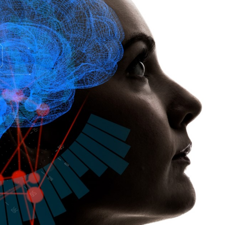 A silhouette of a person's head with a digital blue brain overlay, surrounded by abstract data graphics, red lines, and circular elements, symbolizing artificial intelligence and human-computer interaction.