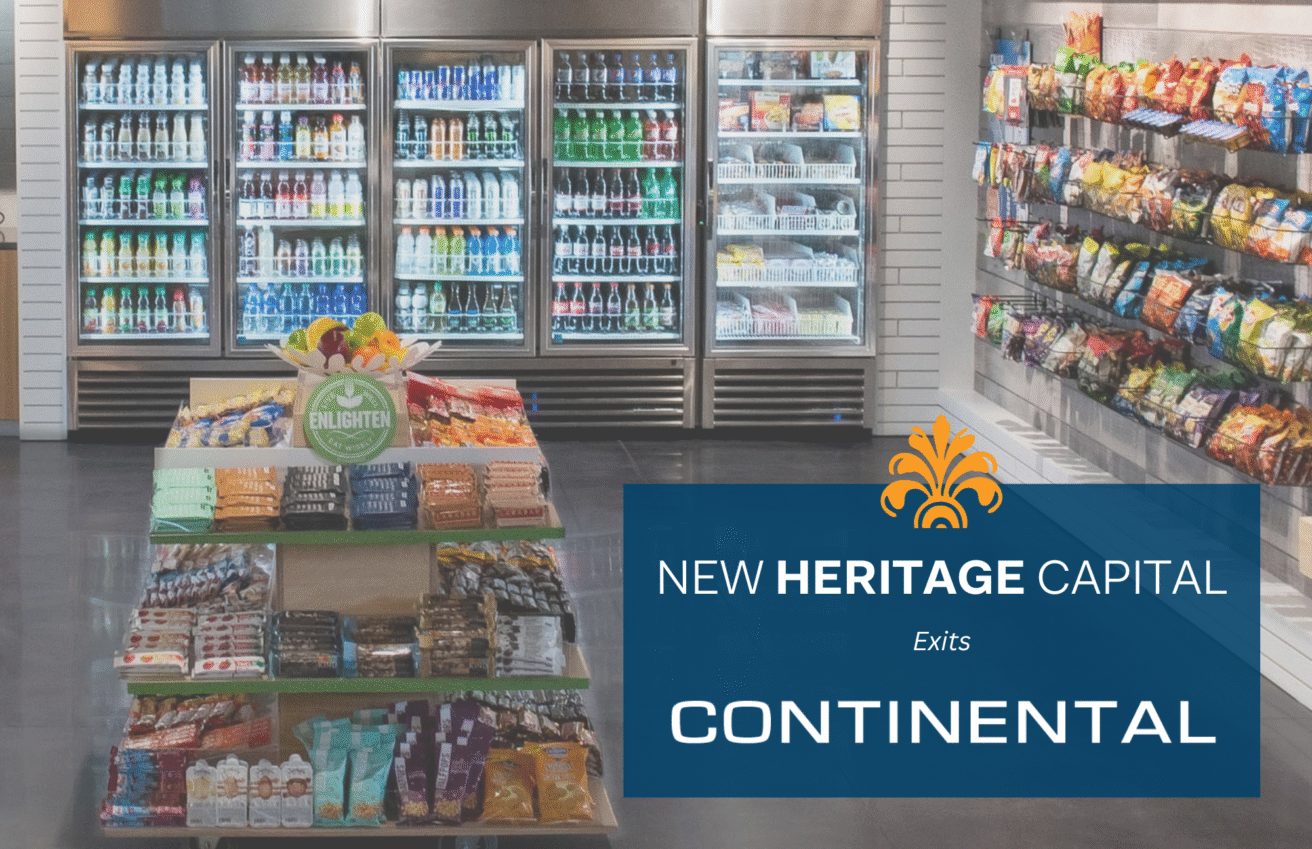 A convenience store interior with refrigerated drinks in the background, snack racks in the foreground, and a blue overlay reading “Heritage Capital Announces Investment Exit from Continental Services.”.
