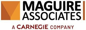 Logo for Maguire Associates, a Carnegie acquisition. The left side features an abstract orange "M" symbol, with the company name in bold black text and "A Carnegie Company" in red beneath.