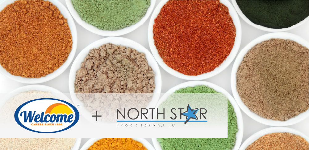Small bowls of colorful powdered spices and herbs are arranged in a grid, overlaid with the Welcome Cheese logo, a plus sign, and the North Star Processing logo—highlighting the acquisition by Welcome Dairy.