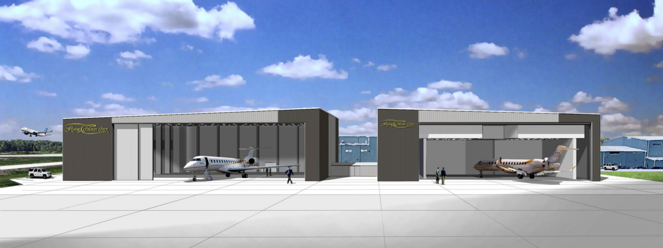 Two large hangars, including a new hangar by Flying Colours Corp, sit side by side, each housing a private jet. Several small figures stand nearby, with a runway, blue sky, clouds, and a plane taking off in the background.