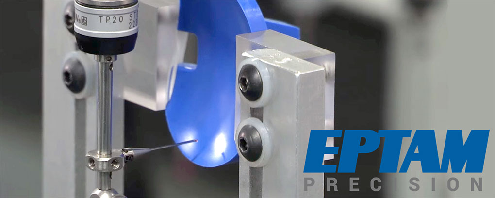 A precision measuring instrument examines a blue component secured by a metal fixture, reflecting EPTAM’s expertise. The logo “EPTAM PRECISION” appears in bold blue and gray text in the lower right, highlighting their recent Relius Medical acquisition.