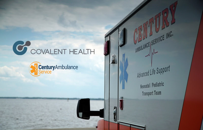 An ambulance with "Century Ambulance Service Inc." and medical text is parked by a body of water, as Covalent Health and Century Ambulance Service logos appear in the sky above the vehicle.