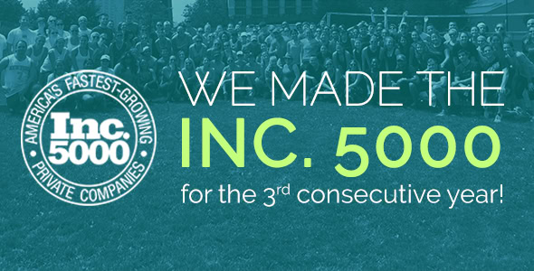 A large group gathers outdoors beside a badge reading "Inc. 5000 America's Fastest-Growing Private Companies." Text says, "Execu|Search Group made the Inc. 5000 for the third year in a row!.