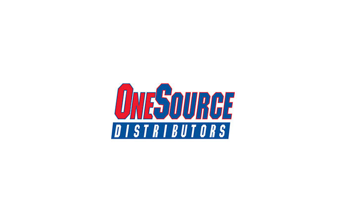 Logo for OneSource Distributors, featuring "OneSource" in bold red and blue letters and "Distributors" in white text on a blue background below, highlighting the recent acquisition of D&D Tool & Supply.