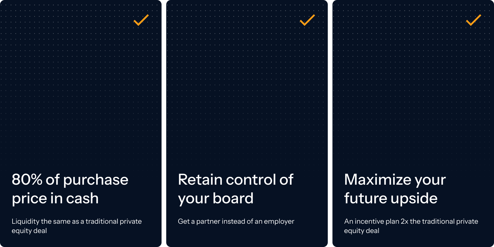 Three dark panels with orange check marks. Left panel: "80% of purchase price in cash." Middle: "Retain control of your board." Right: "Maximize your future upside." Each includes a brief description below the main text.