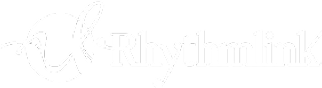 White logo on a transparent background featuring the word "Rhythmlink" in cursive font with a stylized waveform design on the left side.