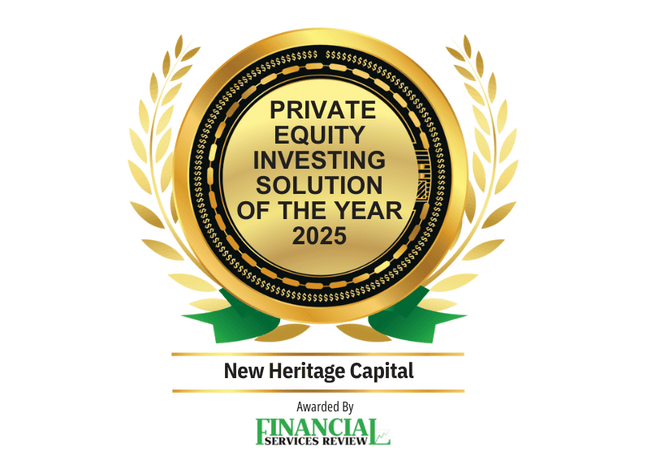A gold award badge with laurel leaves reads "Private Equity Investing Solution of the Year 2025." Below, "New Heritage Capital" is featured, with "Awarded by Financial Services Review" at the bottom.