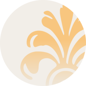 A circular design featuring a pale cream background with a stylized, light orange floral or leaf motif in the upper right quadrant.