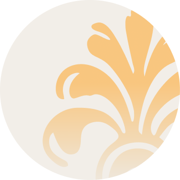 A circular design featuring a pale cream background with a stylized, light orange floral or leaf motif in the upper right quadrant.