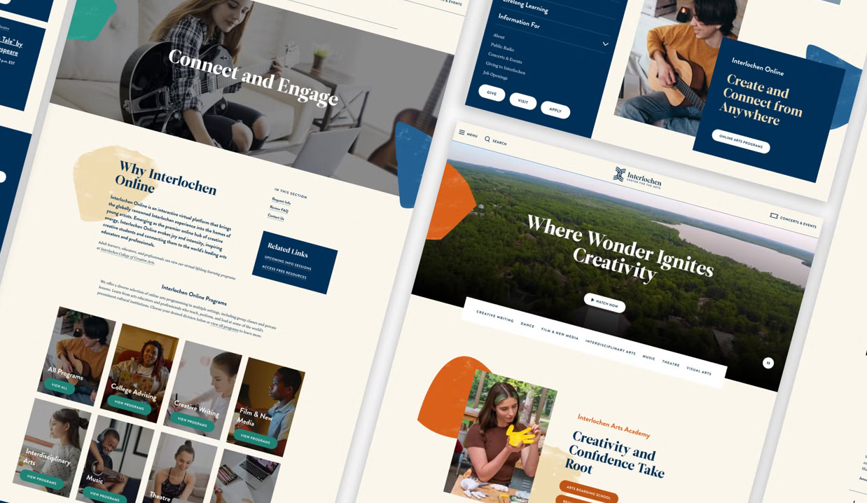 A collage of website pages featuring arts education themes—including students playing instruments, painting, and joining online classes—with headings like “Connect and Engage,” inspired by a Carnegie case study where wonder ignites creativity.
