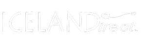 White logo on a gray background with the text "ICELAND direct." An arrow extends from the letter "D" in "ICELAND" toward the word "direct.
