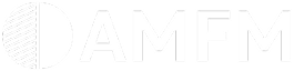 White logo with a half-circle of diagonal lines to the left of bold letters "AMFM." Below, faint text reads "A Mission for Every Michael" on a light gray background.