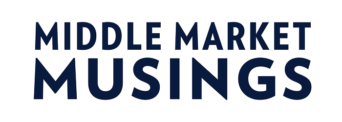 A white rectangle with the bold, dark blue text "MIDDLE MARKET MUSINGS" centered on it.