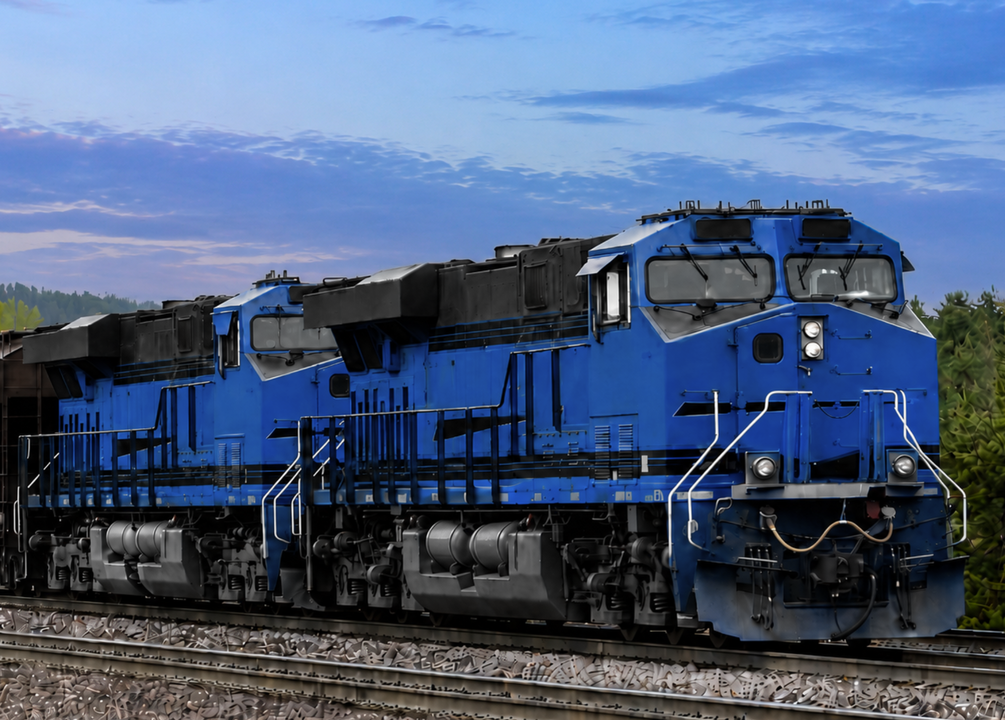 Two blue diesel locomotives travel side by side on train tracks through a green, wooded area under a blue sky with scattered clouds.