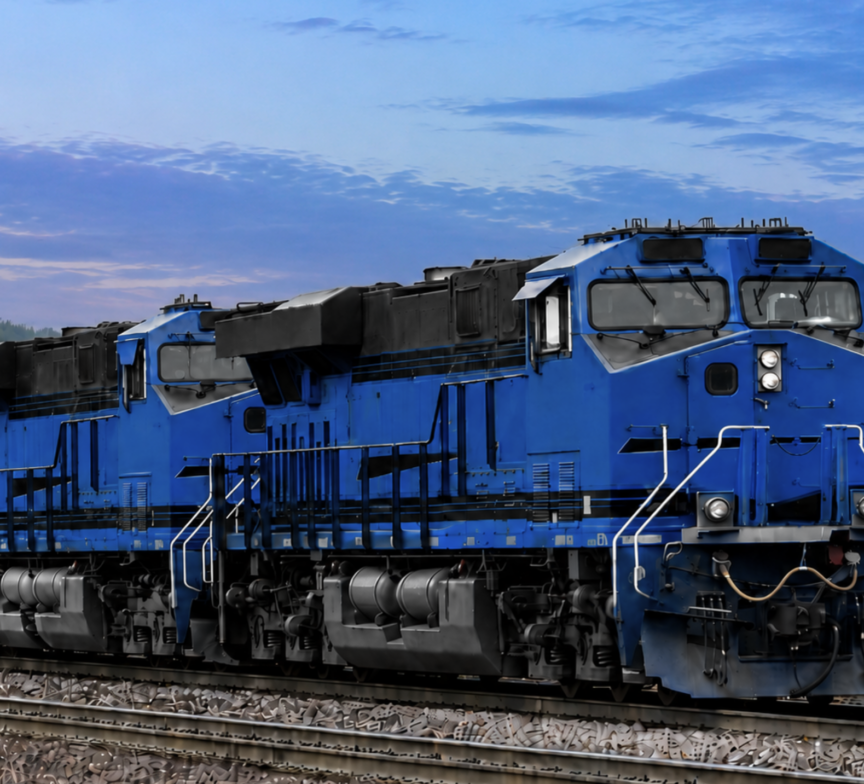 Two blue diesel locomotives travel side by side on train tracks through a green, wooded area under a blue sky with scattered clouds.